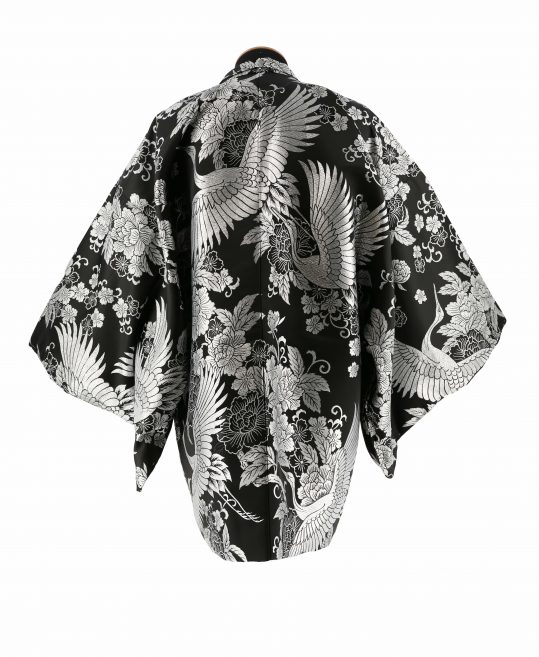 紋付袴レンタル・成人式・結婚式・卒業式【羽織】黒　銀の鶴と牡丹[身長170cm対応]No.322